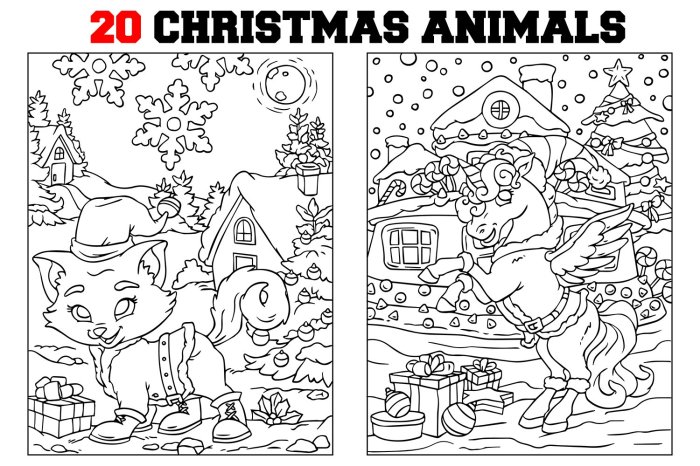 Animals surrounding a christmas coloring sheet