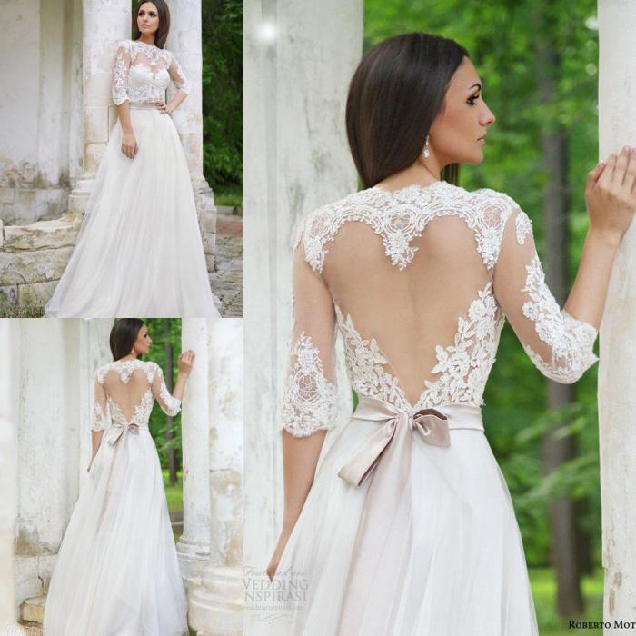 Backless wedding dress with long sleeves